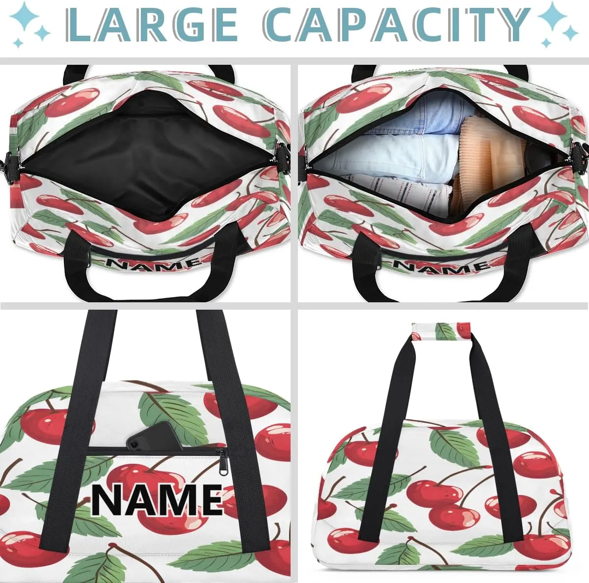 Cherry Mini Gym Bag 18 inch for Women Men Waterproof Custom Fruits and Leaves Travel Duffel Bag Carry On Overnight Tote Nurse Bag for Work Fitness Hiking