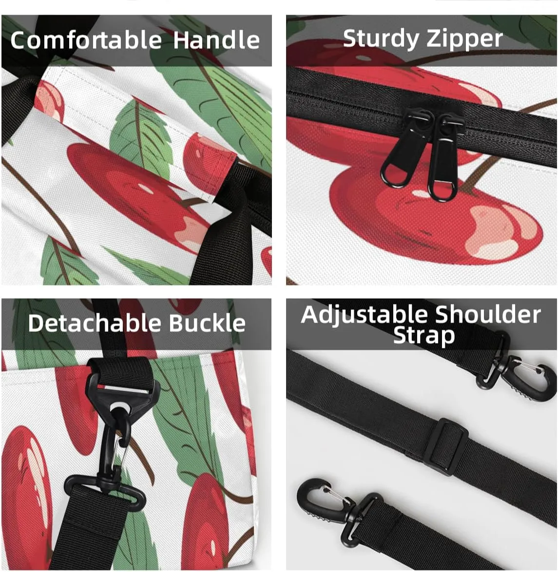 Cherry Mini Gym Bag 18 inch for Women Men Waterproof Custom Fruits and Leaves Travel Duffel Bag Carry On Overnight Tote Nurse Bag for Work Fitness Hiking