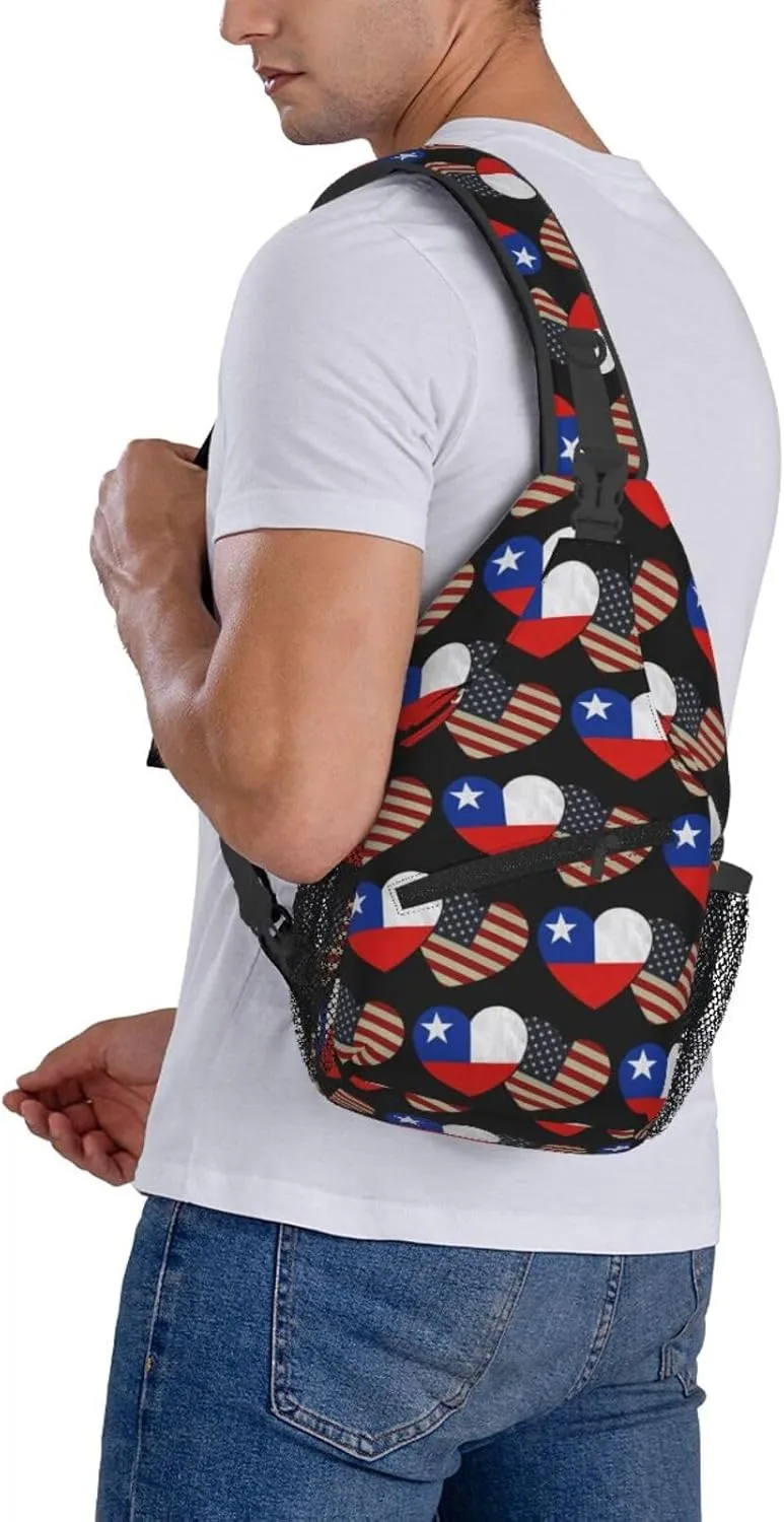 Chile Chilean American Flag Couple Hearts Love Flag Crossbody Bags Sling Backpack Cross Chest Bag Sports Shoulder Bag Gym Fanny Pack Adjustable Cycling Daypack Diagonally Rucksack for Running