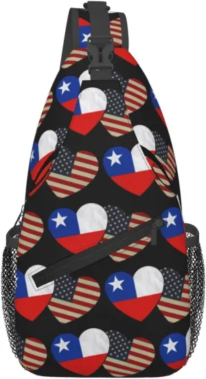 Chile Chilean American Flag Couple Hearts Love Flag Crossbody Bags Sling Backpack Cross Chest Bag Sports Shoulder Bag Gym Fanny Pack Adjustable Cycling Daypack Diagonally Rucksack for Running