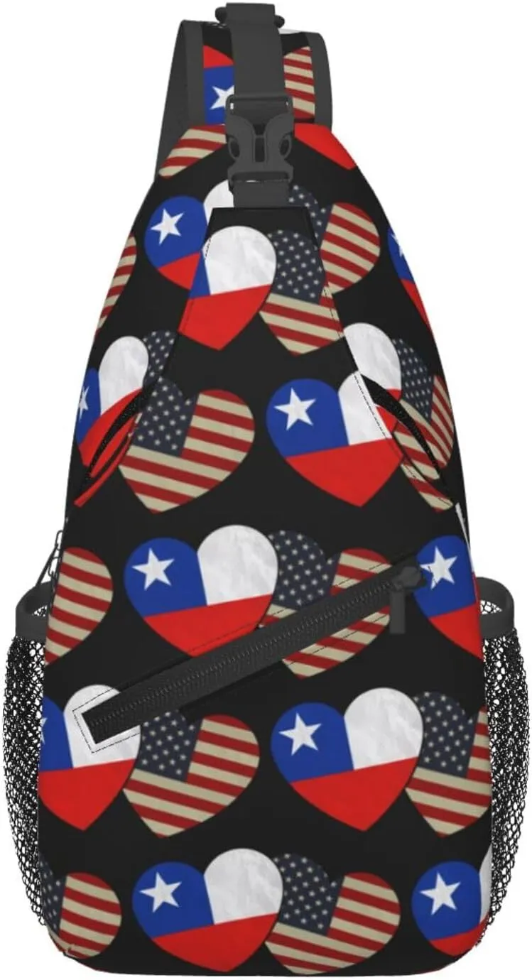 Chile Chilean American Flag Couple Hearts Love Flag Crossbody Bags Sling Backpack Cross Chest Bag Sports Shoulder Bag Gym Fanny Pack Adjustable Cycling Daypack Diagonally Rucksack for Running