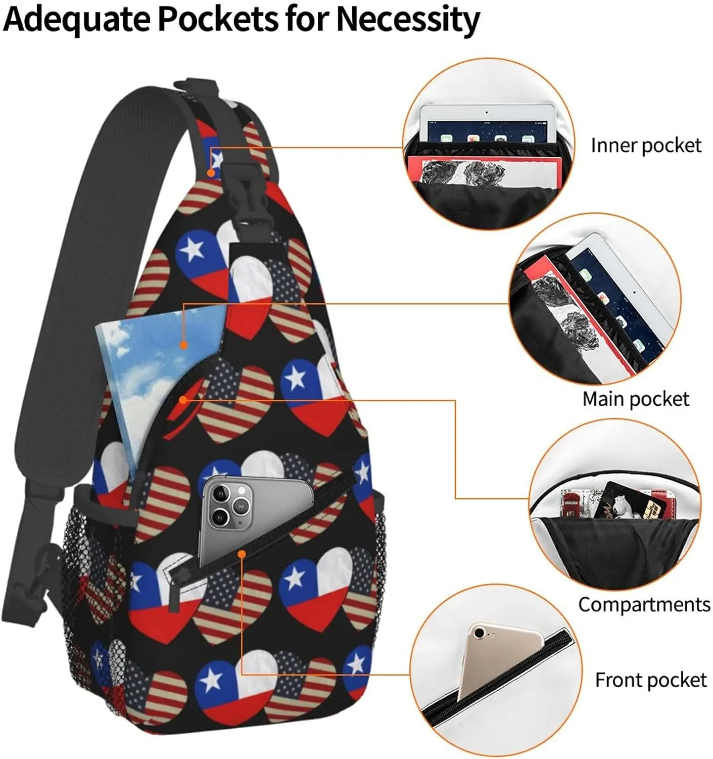 Chile Chilean American Flag Couple Hearts Love Flag Crossbody Bags Sling Backpack Cross Chest Bag Sports Shoulder Bag Gym Fanny Pack Adjustable Cycling Daypack Diagonally Rucksack for Running