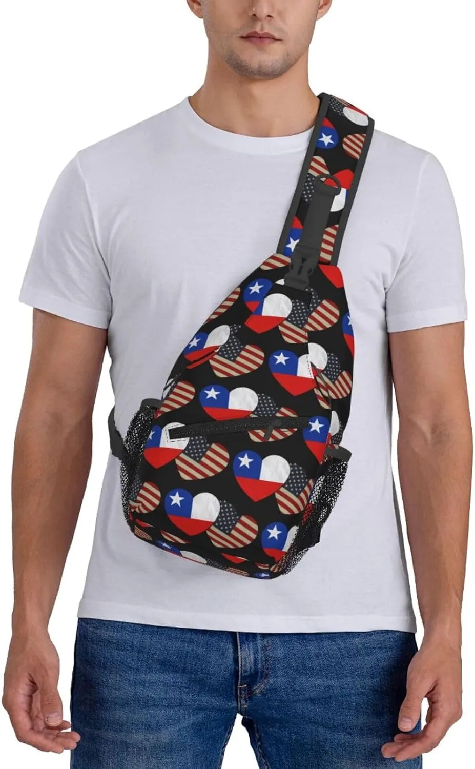 Chile Chilean American Flag Couple Hearts Love Flag Crossbody Bags Sling Backpack Cross Chest Bag Sports Shoulder Bag Gym Fanny Pack Adjustable Cycling Daypack Diagonally Rucksack for Running