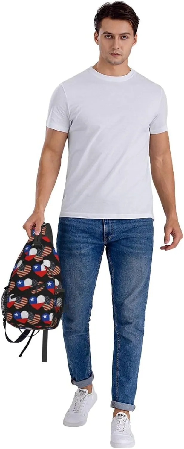 Chile Chilean American Flag Couple Hearts Love Flag Crossbody Bags Sling Backpack Cross Chest Bag Sports Shoulder Bag Gym Fanny Pack Adjustable Cycling Daypack Diagonally Rucksack for Running
