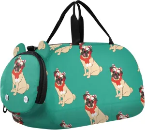 Christmas Pug on Green Background Gym Travel Duffel Bag with Shoe Compartment for Boys Girls - Gymnastics Sports Dance Football Travel Bag Teens Weekender Sleepover
