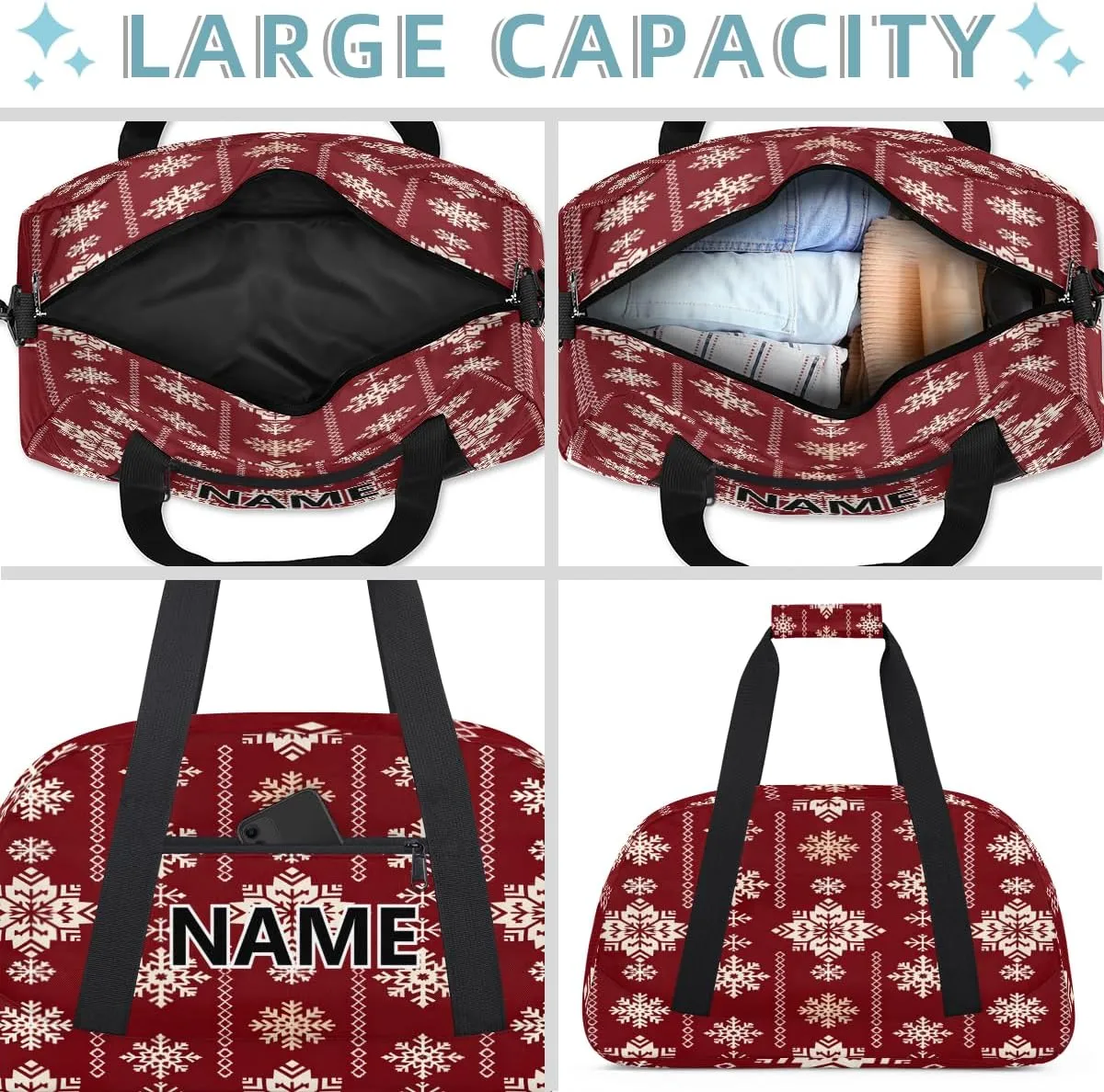 Christmas Snowflake Mini Gym Bag 18 inch for Women Men Waterproof Custom Winter Snowflake Travel Duffel Bag Carry On Overnight Tote Nurse Bag for Work Fitness Hiking
