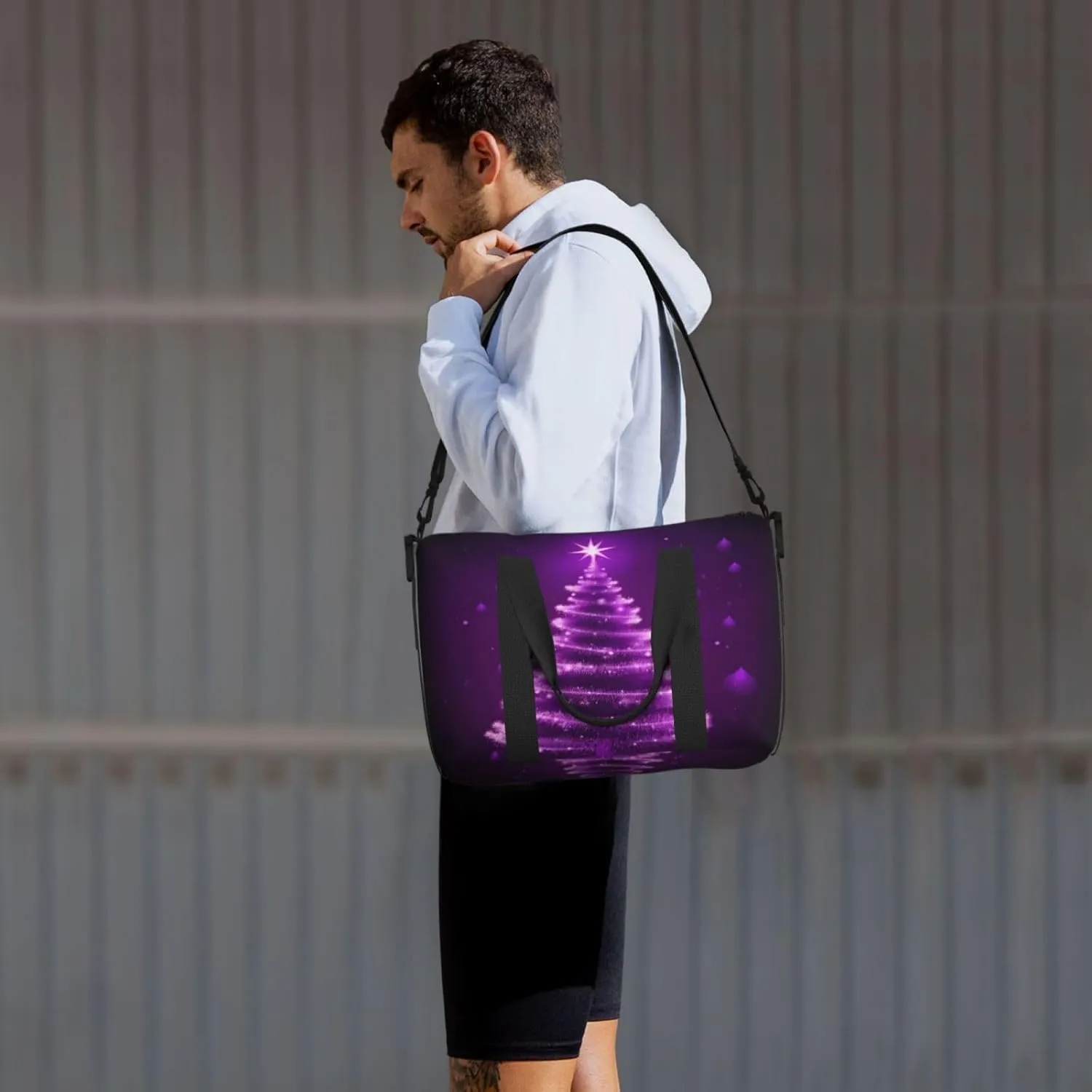 Christmas Tree Travel Duffel Bags for Women Men, Sports Training Gym Bag Dance Bag with Adjustable Shoulder Strap Purple Star Floral Weekender Overnight Bag