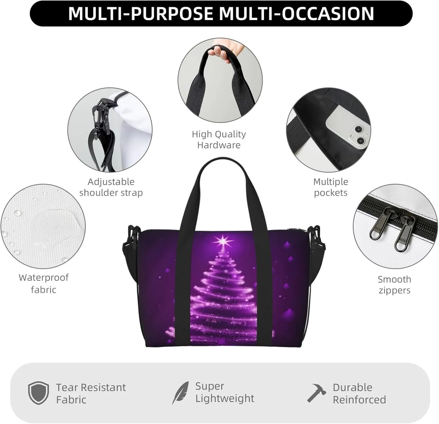 Christmas Tree Travel Duffel Bags for Women Men, Sports Training Gym Bag Dance Bag with Adjustable Shoulder Strap Purple Star Floral Weekender Overnight Bag