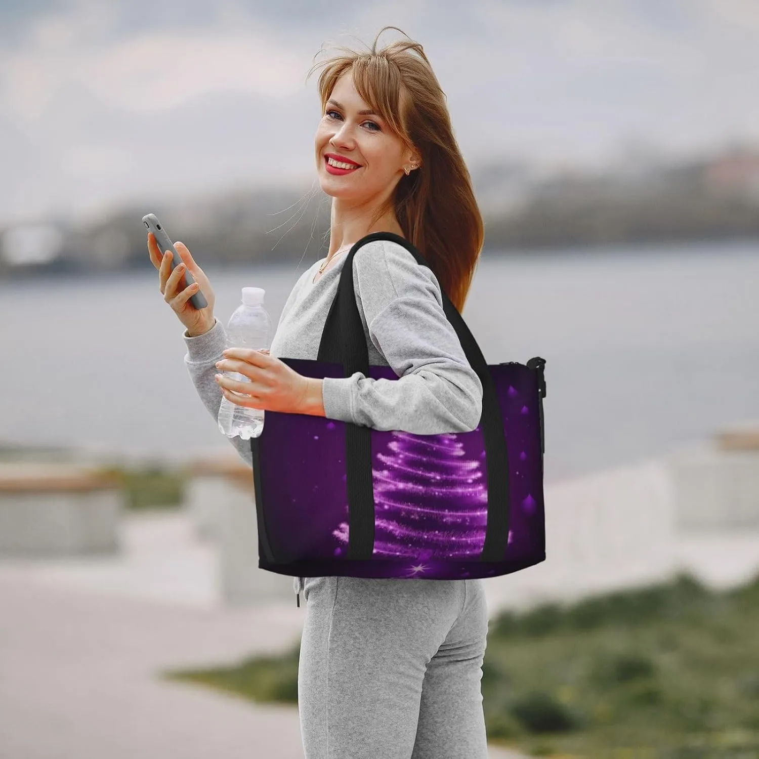 Christmas Tree Travel Duffel Bags for Women Men, Sports Training Gym Bag Dance Bag with Adjustable Shoulder Strap Purple Star Floral Weekender Overnight Bag
