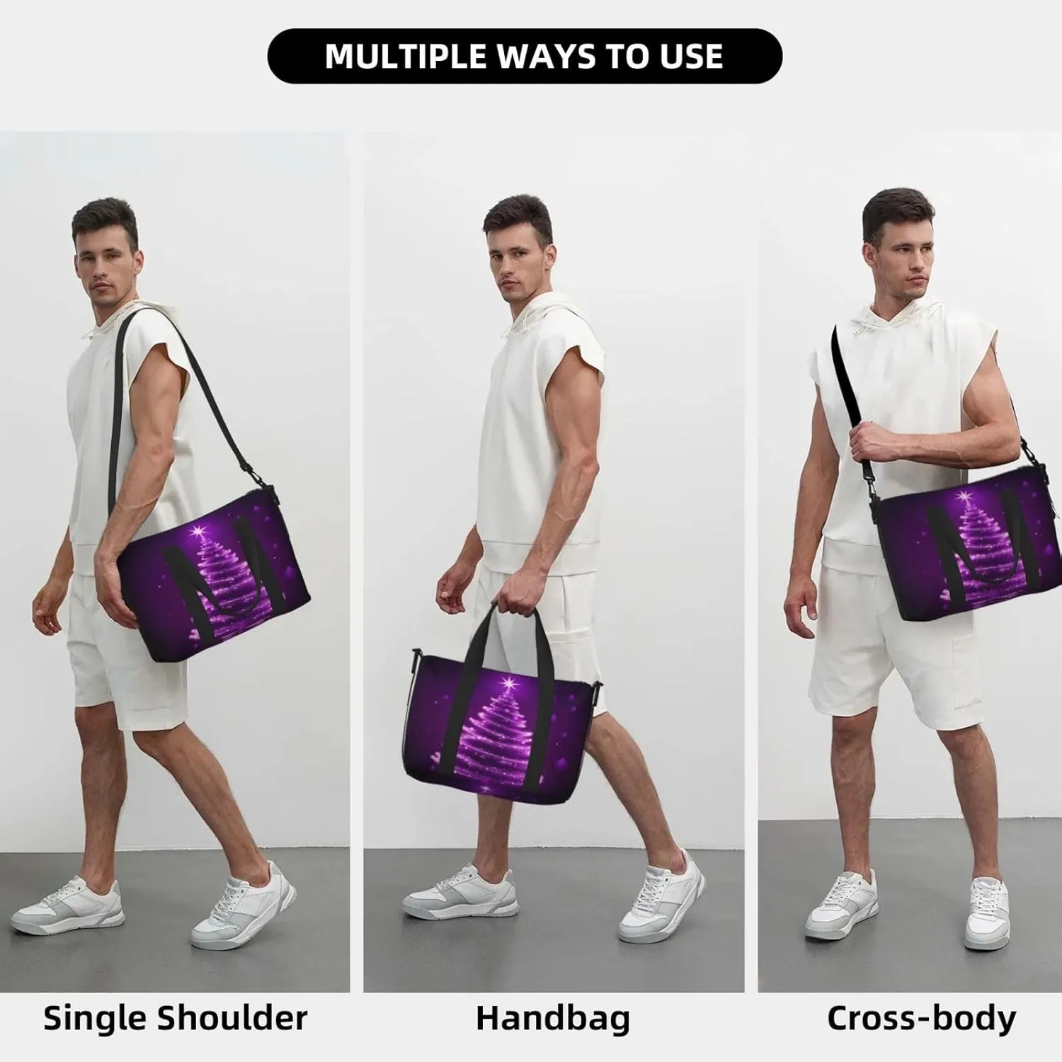 Christmas Tree Travel Duffel Bags for Women Men, Sports Training Gym Bag Dance Bag with Adjustable Shoulder Strap Purple Star Floral Weekender Overnight Bag
