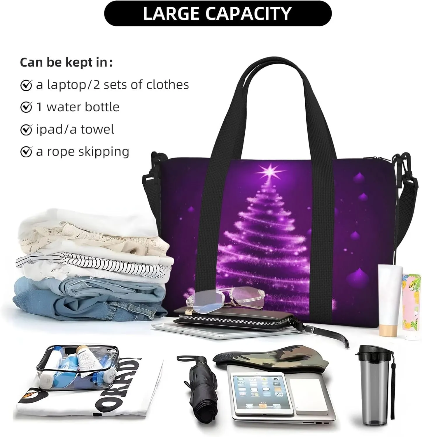 Christmas Tree Travel Duffel Bags for Women Men, Sports Training Gym Bag Dance Bag with Adjustable Shoulder Strap Purple Star Floral Weekender Overnight Bag