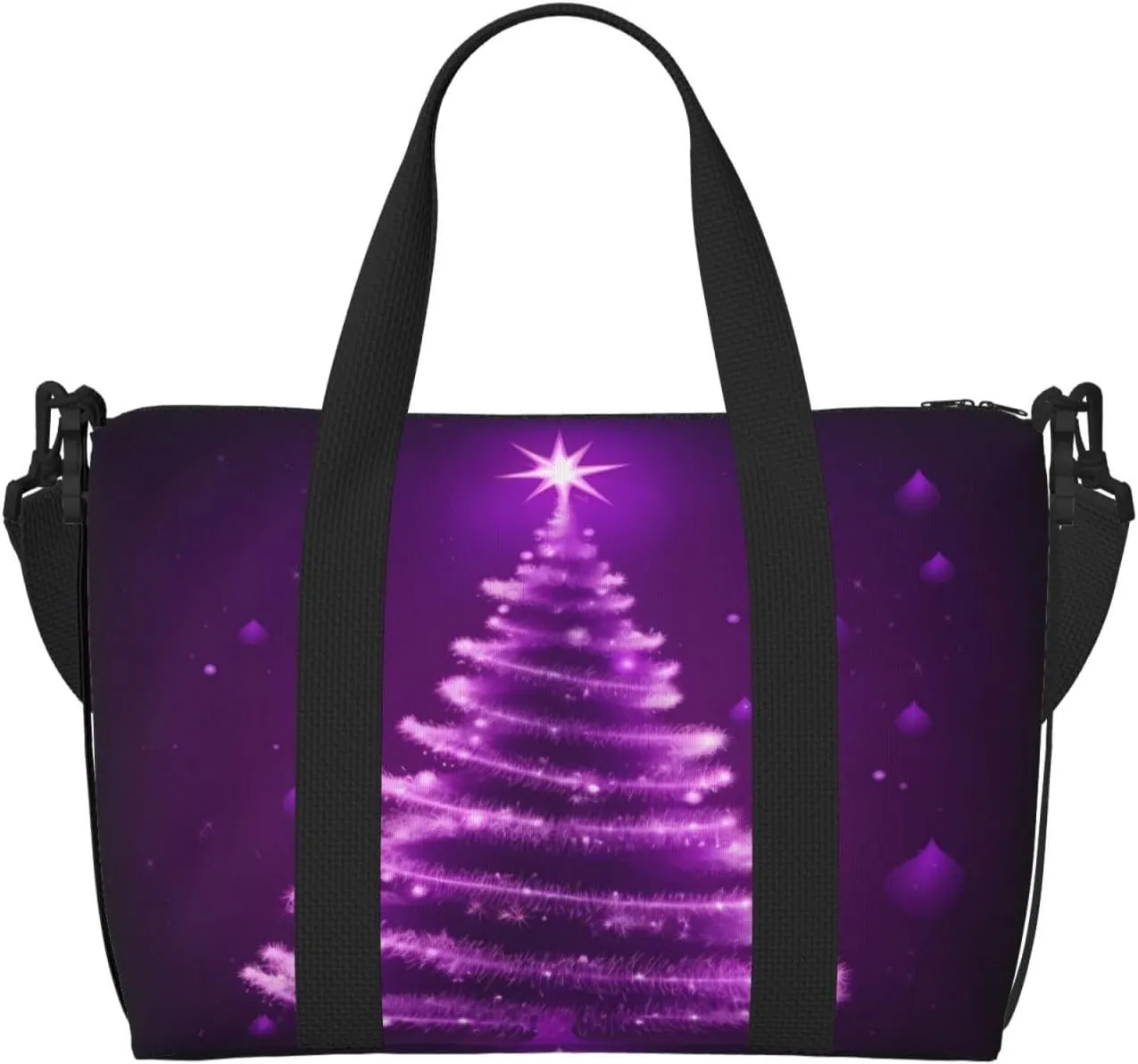 Christmas Tree Travel Duffel Bags for Women Men, Sports Training Gym Bag Dance Bag with Adjustable Shoulder Strap Purple Star Floral Weekender Overnight Bag