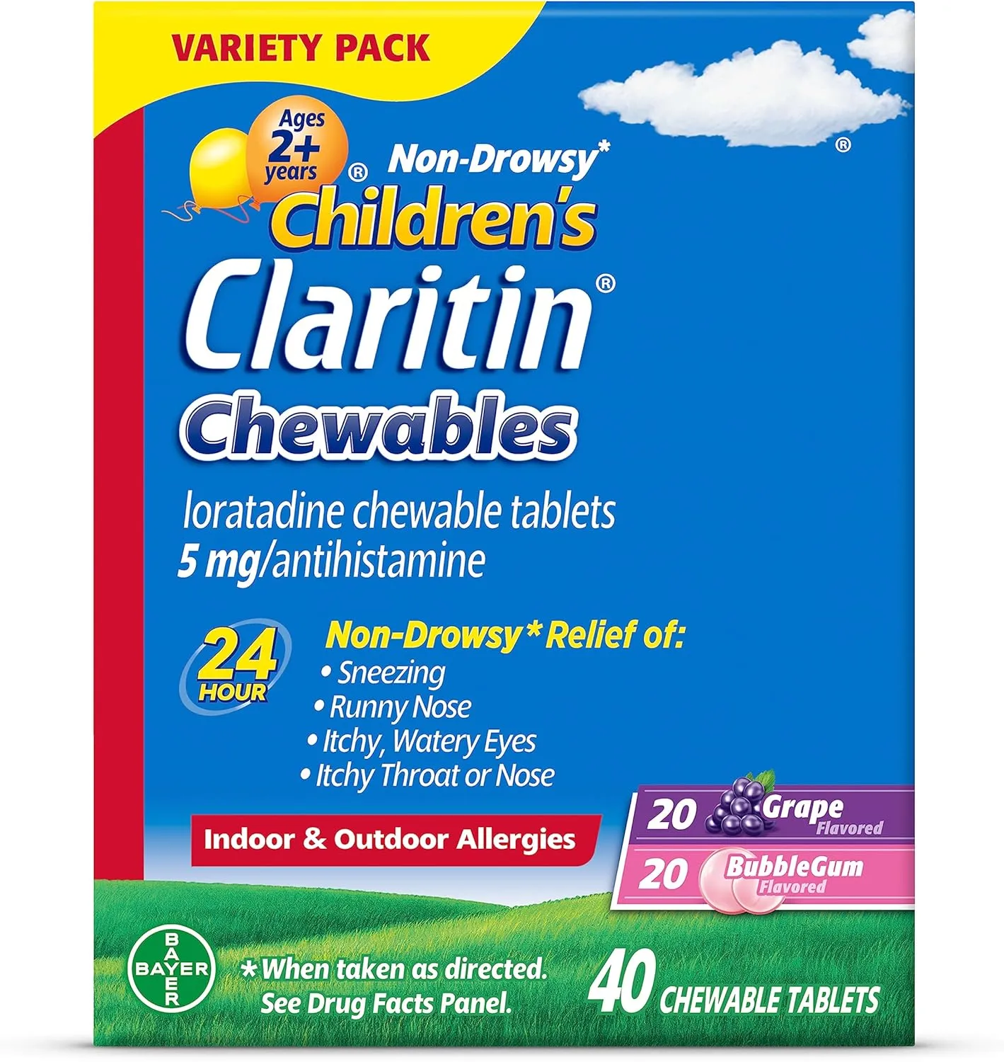 Claritin Children's Allergy Medicine, 24-Hour Non-Drowsy Loratadine 5mg Chewable Tablet, Antihistamine for Kids Ages 2 Years and Older, Grape & Bubble Gum Flavors, 40 Tablets