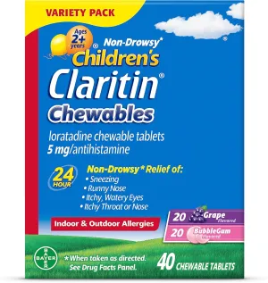 Claritin Children's Allergy Medicine, 24-Hour Non-Drowsy Loratadine 5mg Chewable Tablet, Antihistamine for Kids Ages 2 Years and Older, Grape & Bubble Gum Flavors, 40 Tablets