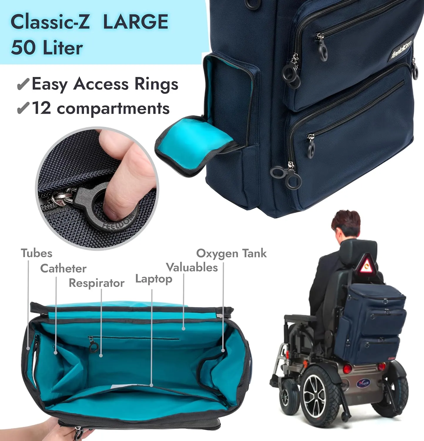 Classic Large Adaptive Wheelchair Backpack for Back of Chair – 50L EZ-Access Respirator-Compatible Wheelchair Bag – Mobility Scooter & Electric Wheelchair Accessories, Navy Blue/Aqua