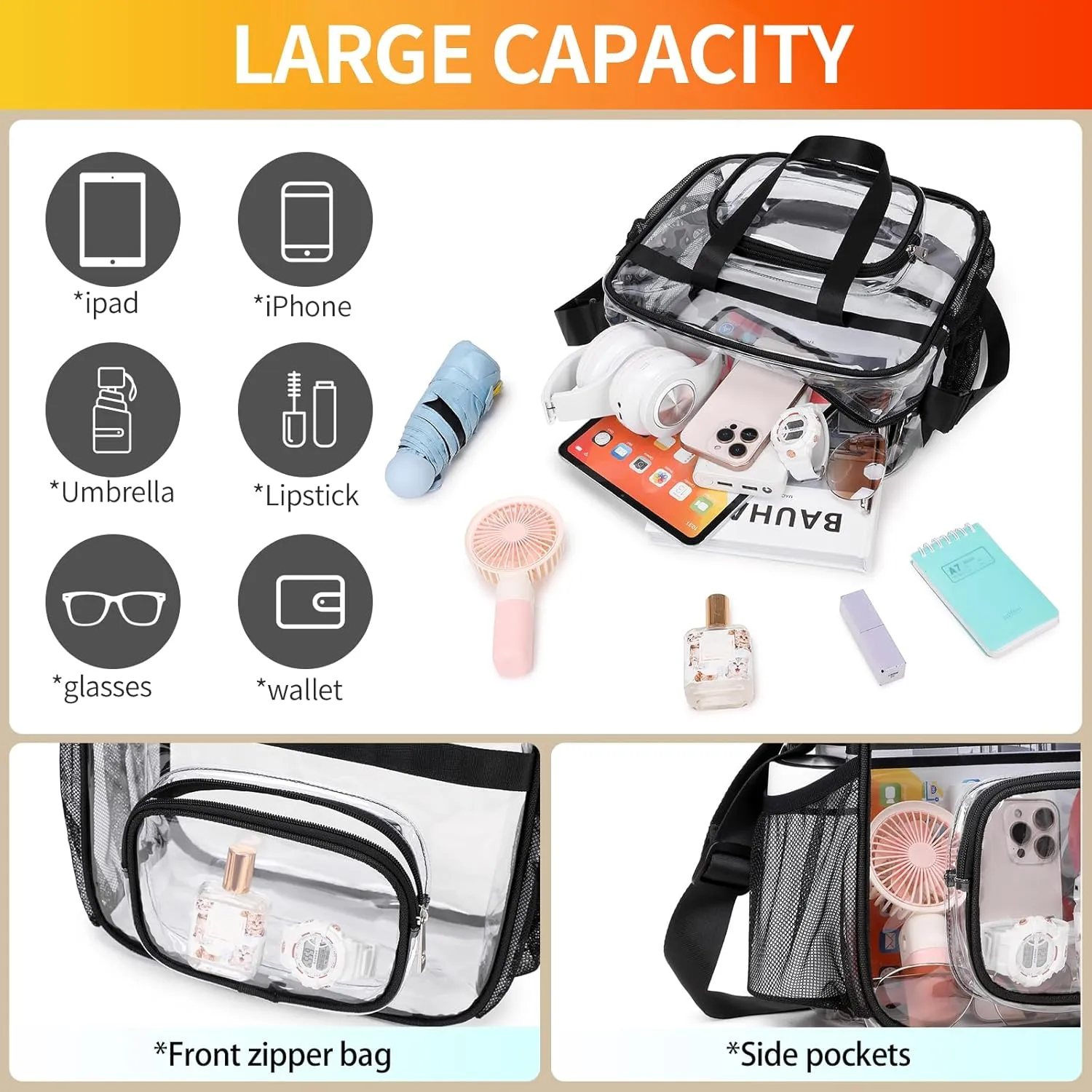 Clear Bags Stadium Approved,See Through Tote Bag Shoulder Strap Large Transparent Bag