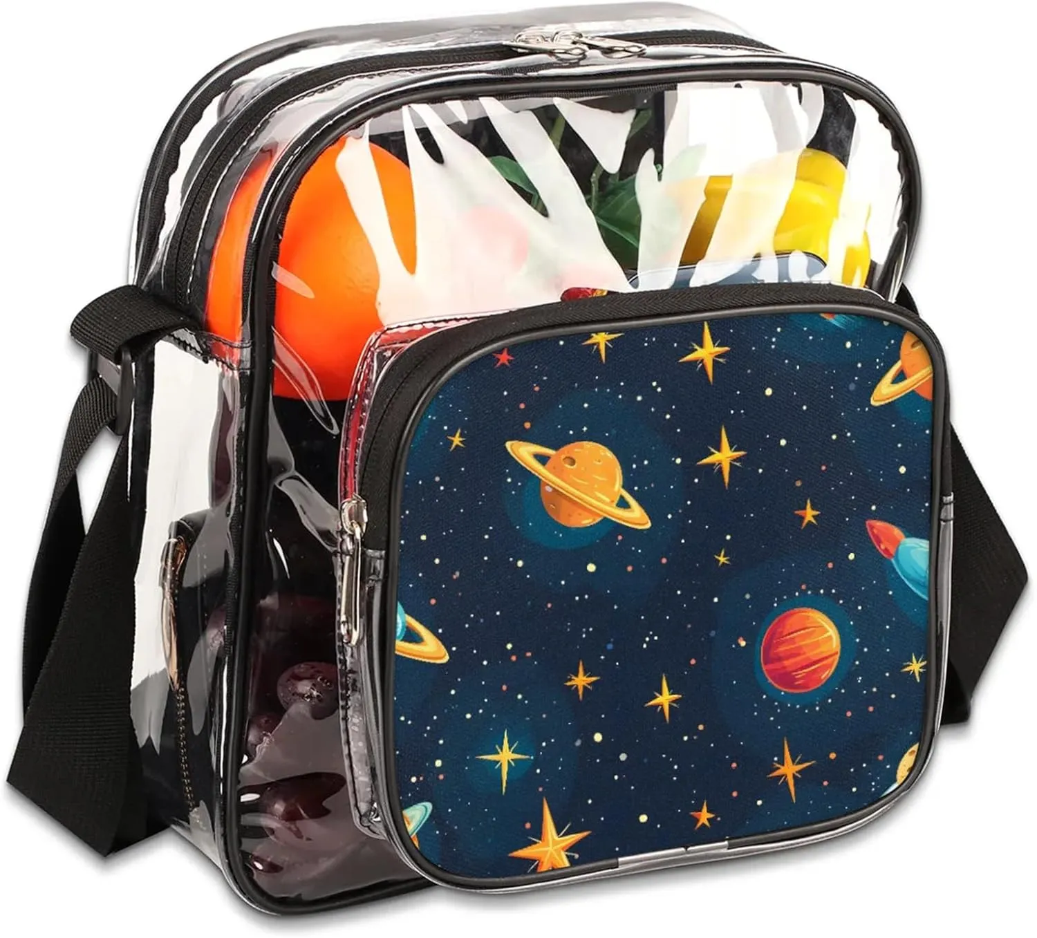 Clear Crossbody Bag Stadium Approved Universe Planets Transparent Bag for Festivals, Sports Events, Concerts,Beach Bag for Women Men Clear Purse with Front Pocket Messenger Bag with Adjustable Strap