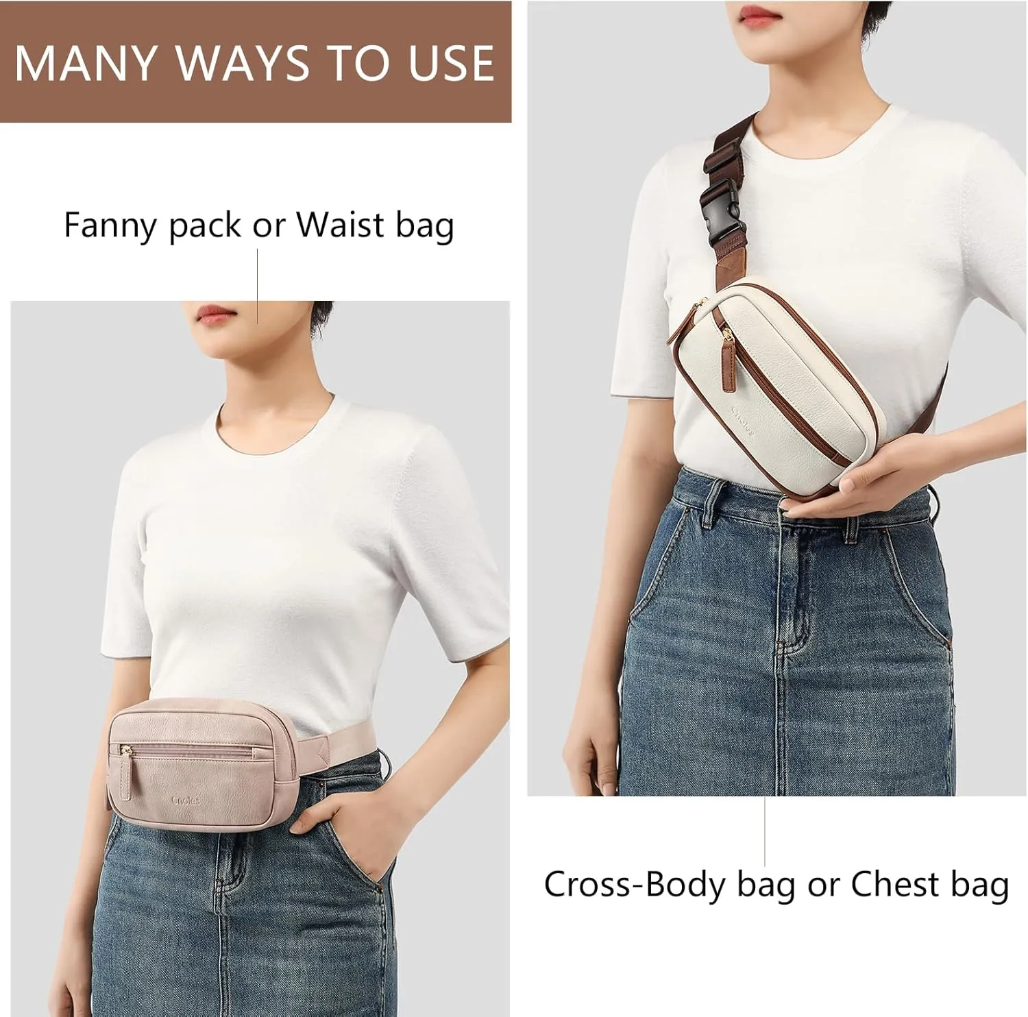 Cnoles Belt Bag for Women Fashion Waist Bag Vegan Leather Fanny Pack Crossbody Bags for Women With Adjustable Straps Grey