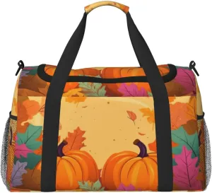 Colorful Fall Leaves Big Capacity Sports Gym Bag Portable Travel Duffle Bag, Thanksgiving Pumpkin Lightweight Weekender Workout Bag for Overnight, Unisex