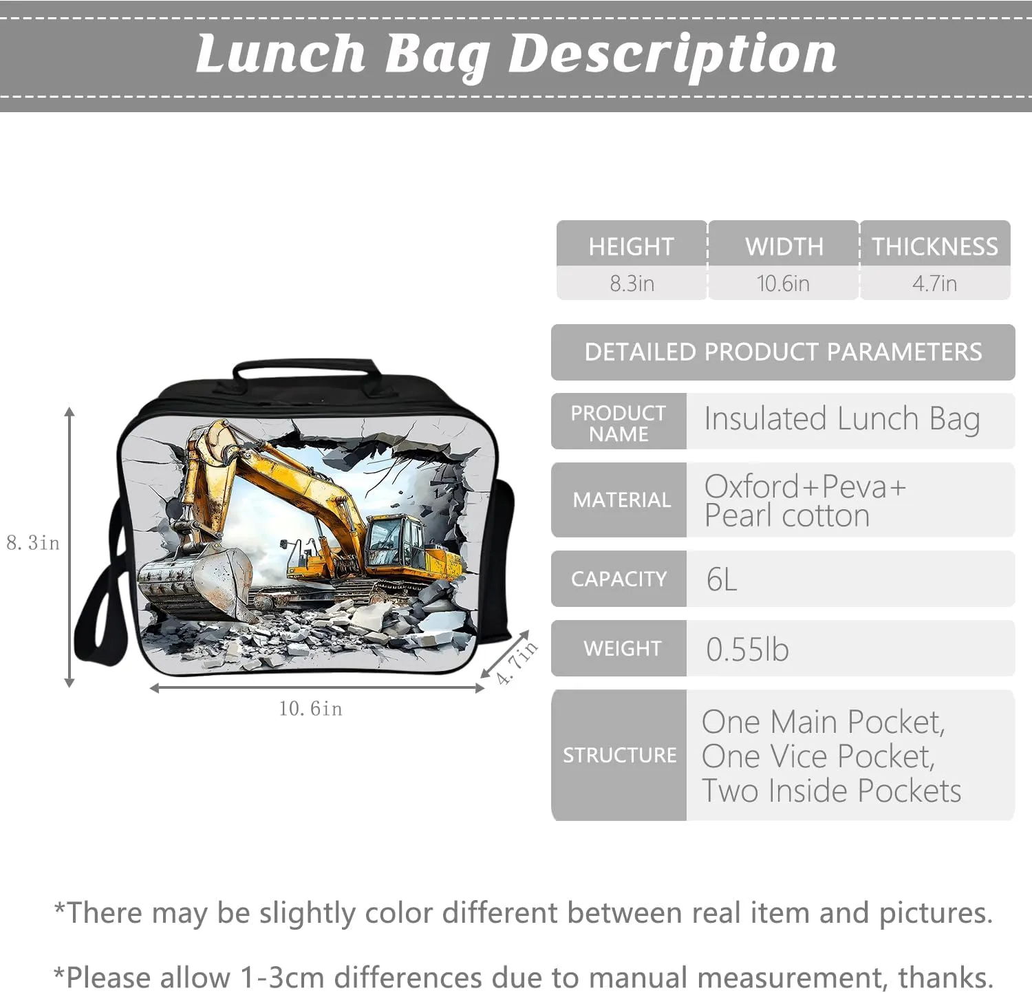 Construction Backpack Excavator Kids Schoolbag with Lunch Box Bag Pencil Bag 3pcs Bookbag Sets for Boys Girls