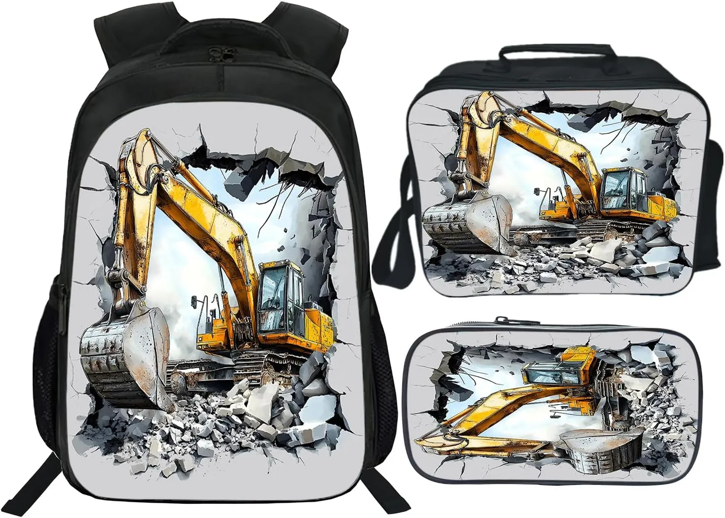 Construction Backpack Excavator Kids Schoolbag with Lunch Box Bag Pencil Bag 3pcs Bookbag Sets for Boys Girls