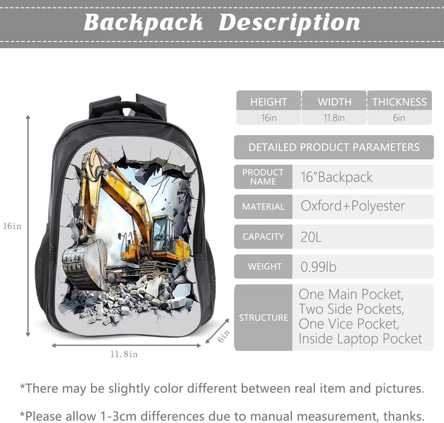 Construction Backpack Excavator Kids Schoolbag with Lunch Box Bag Pencil Bag 3pcs Bookbag Sets for Boys Girls