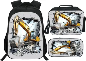 Construction Backpack Excavator Kids Schoolbag with Lunch Box Bag Pencil Bag 3pcs Bookbag Sets for Boys Girls