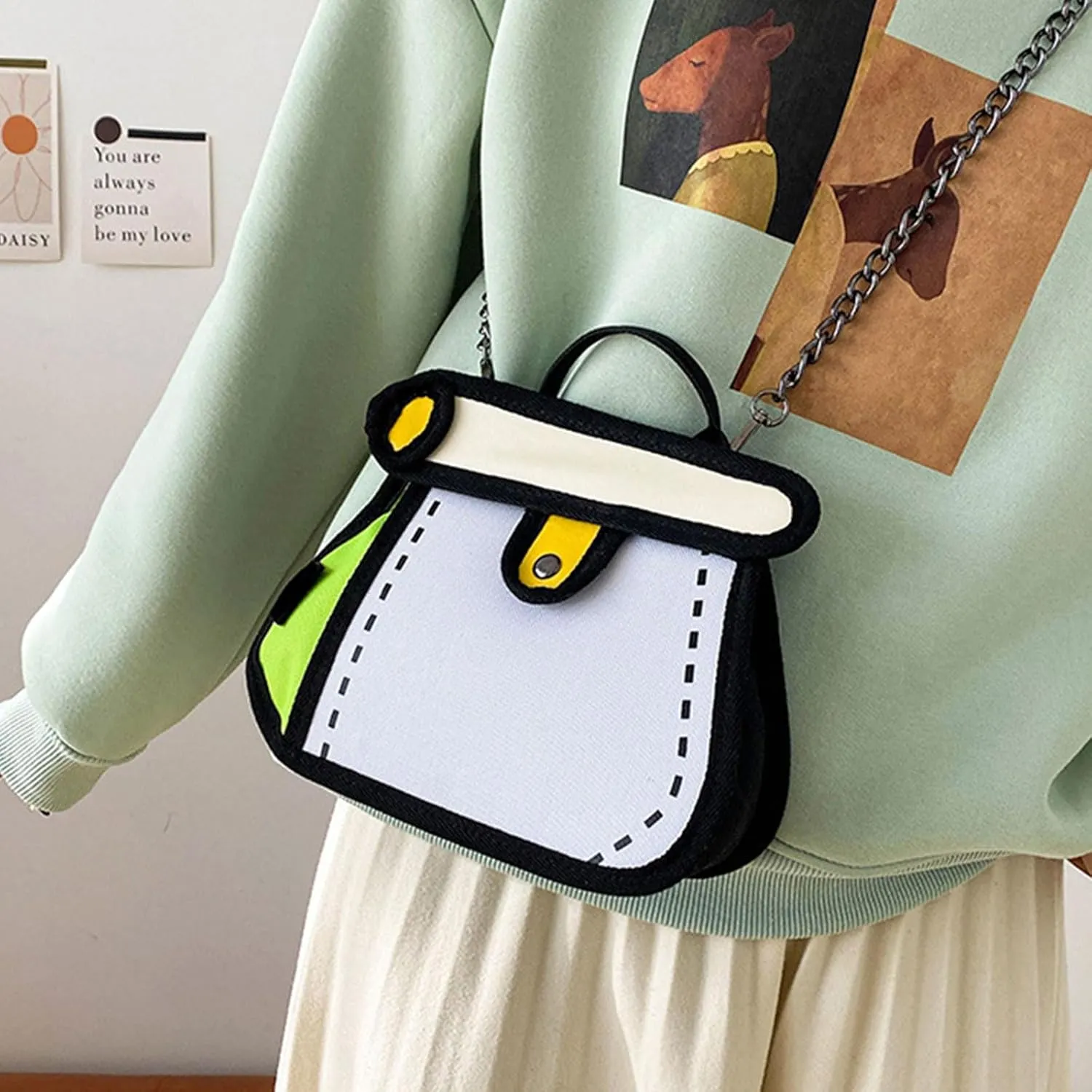 Creative 2D Cartoon Crossbody Bag for Women and Men with Unique Canvas Designs and Chain Strap Stylish Shoulder Bag