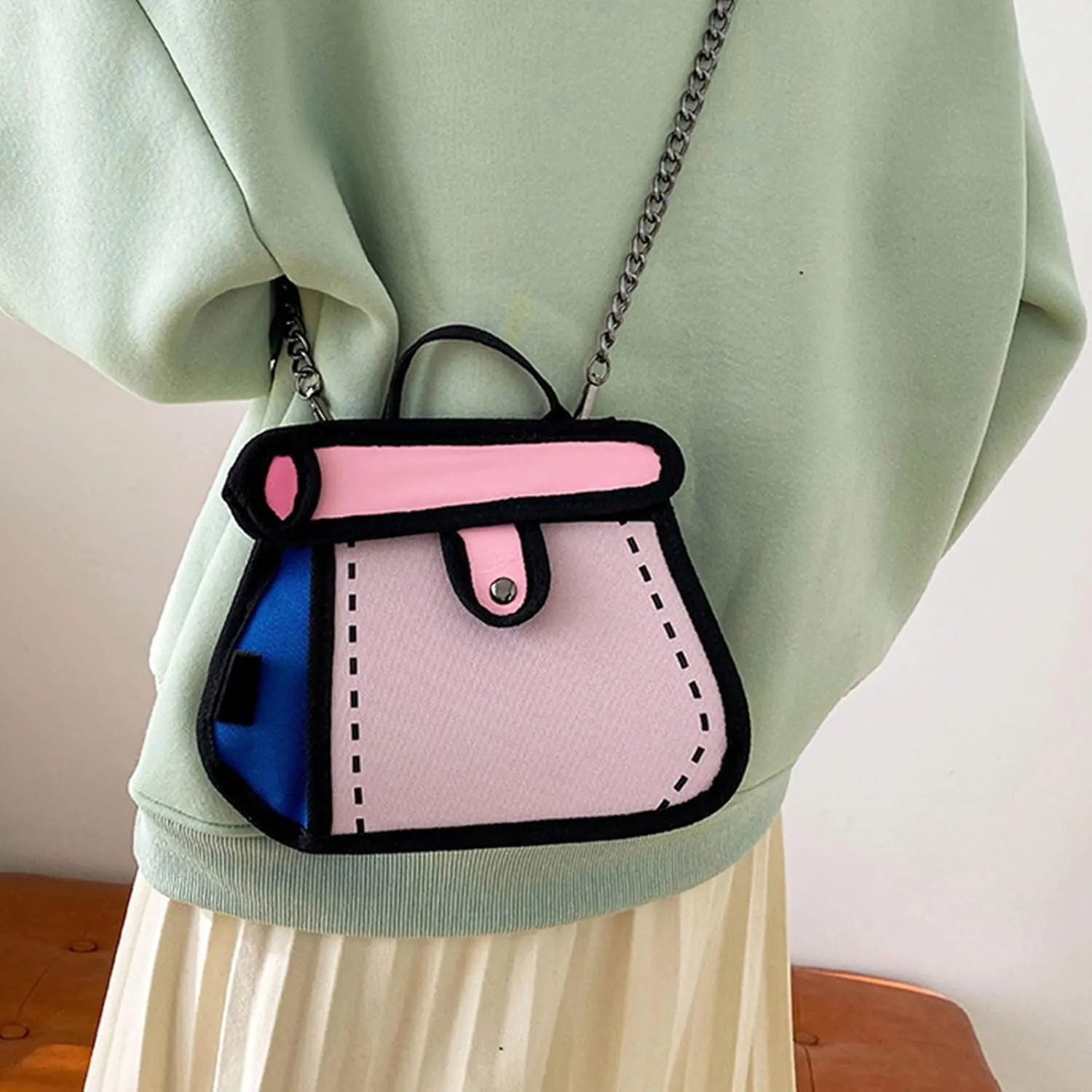 Creative 2D Cartoon Crossbody Bag for Women and Men with Unique Canvas Designs and Chain Strap Stylish Shoulder Bag