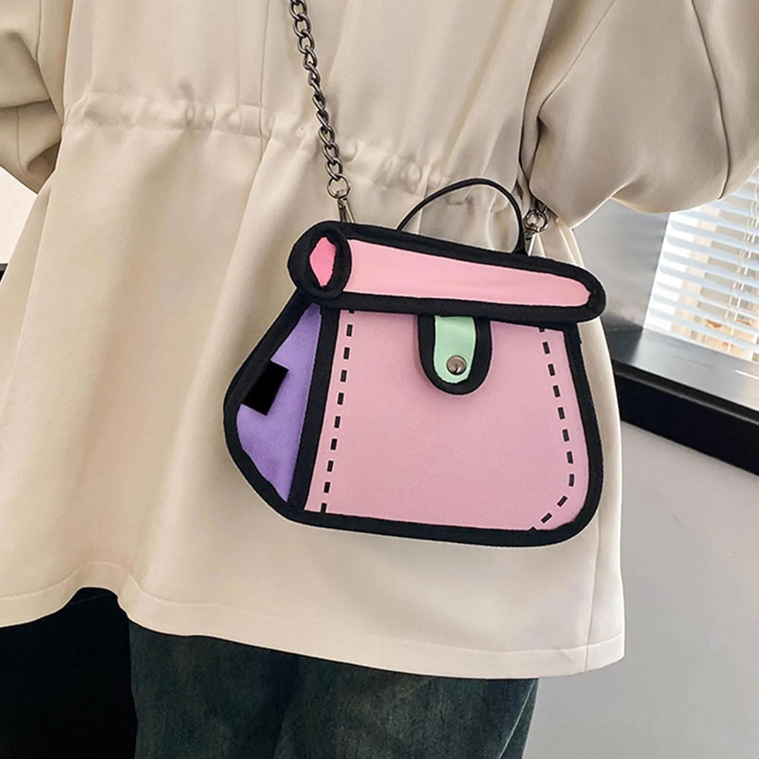 Creative 2D Cartoon Crossbody Bag for Women and Men with Unique Canvas Designs and Chain Strap Stylish Shoulder Bag