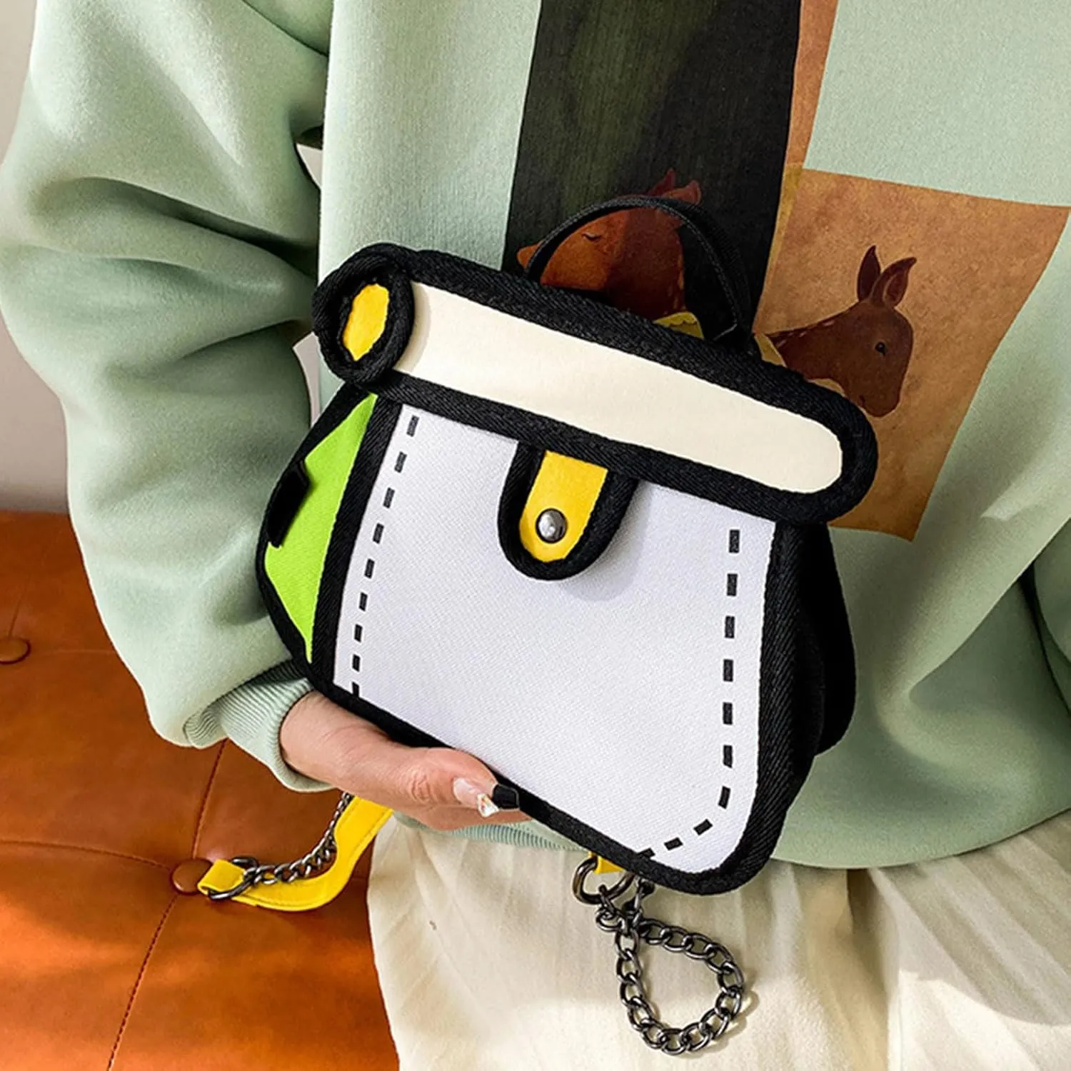 Creative 2D Cartoon Crossbody Bag for Women and Men with Unique Canvas Designs and Chain Strap Stylish Shoulder Bag
