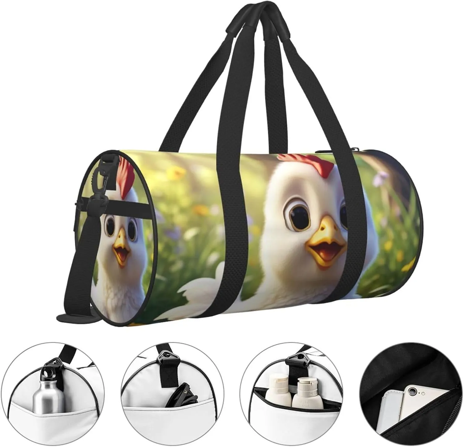 Creative Cartoon Chicken Printed Travel Bag,Round Personal Item Storage bag,Foldie Duffel Bag for Traveling Vacation,Fitness,Sports