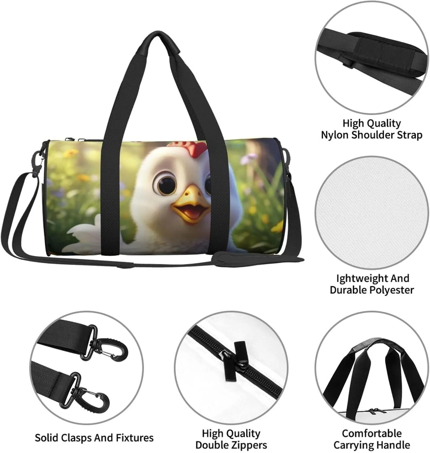 Creative Cartoon Chicken Printed Travel Bag,Round Personal Item Storage bag,Foldie Duffel Bag for Traveling Vacation,Fitness,Sports