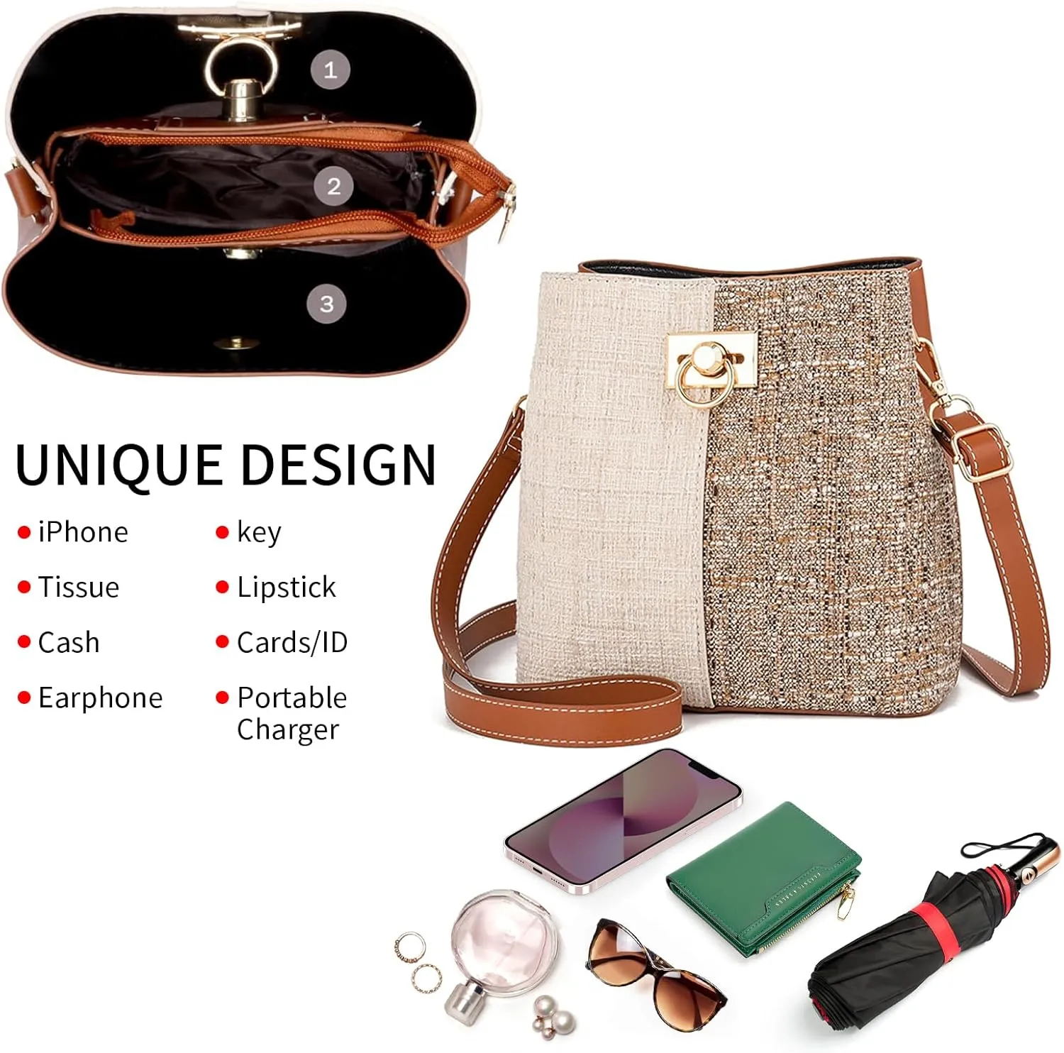 Cross Body Purse for Woman Trendy,Crossbody Bucket Bags-PU Leather with Adjustable Shoulder Strap, Multiple Pockets