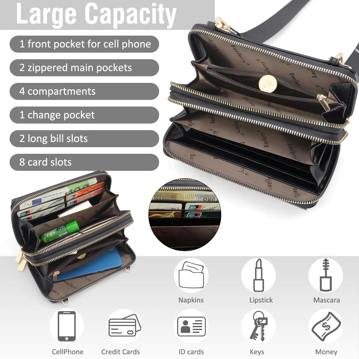 Crossbody Bag for Women Small Shoulder Handbag Leather Cell Phone Purse Wristlet Clutch Wallet with Card Slots