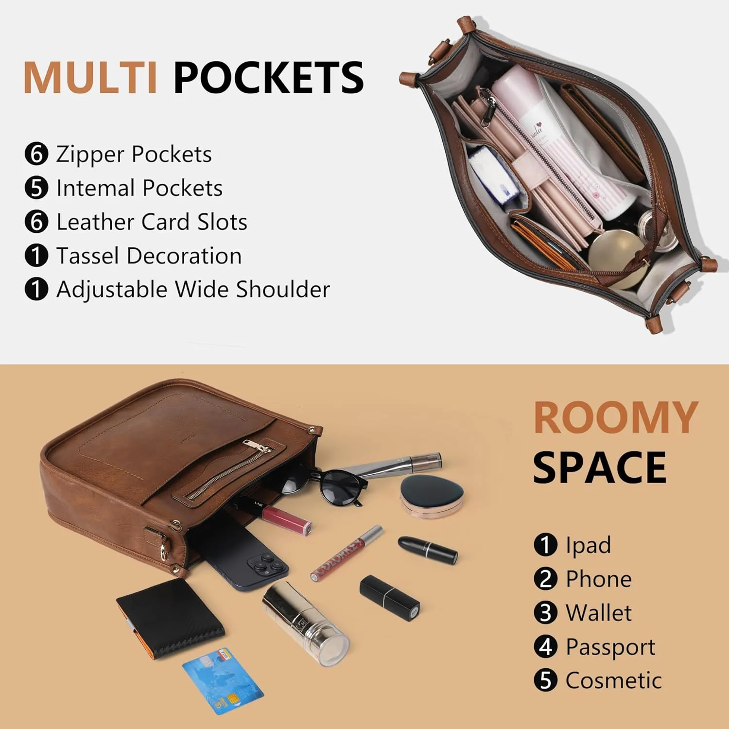 Crossbody Bags for Women 7-Pockets Purses for Women Vegan Leather Hobo Bag Shoulder Bag Handbags with Ajustable Strap