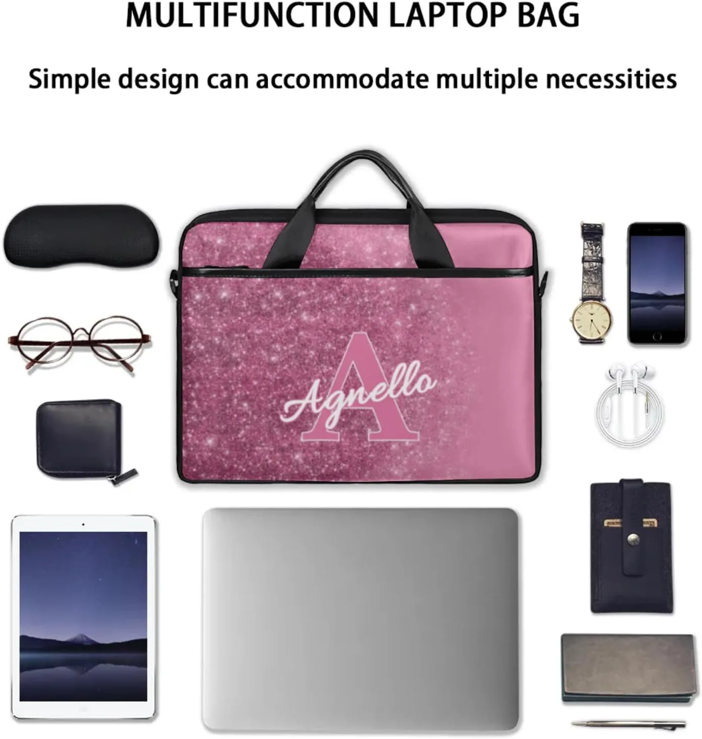 Custom Glitter Capital Laptop-Bags, Personalized Name Computer Bags Laptop Case for Business Work, 15 Inch