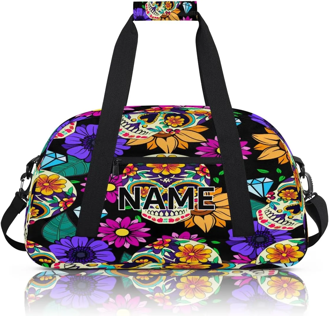 Custom Gothic Skull Halloween Small Gym Bag 18 inch for Women Men Personalized Flower Skull Carry On Overnight Weekender Bag for Travel Work Dance Sport