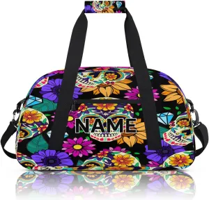 Custom Gothic Skull Halloween Small Gym Bag 18 inch for Women Men Personalized Flower Skull Carry On Overnight Weekender Bag for Travel Work Dance Sport