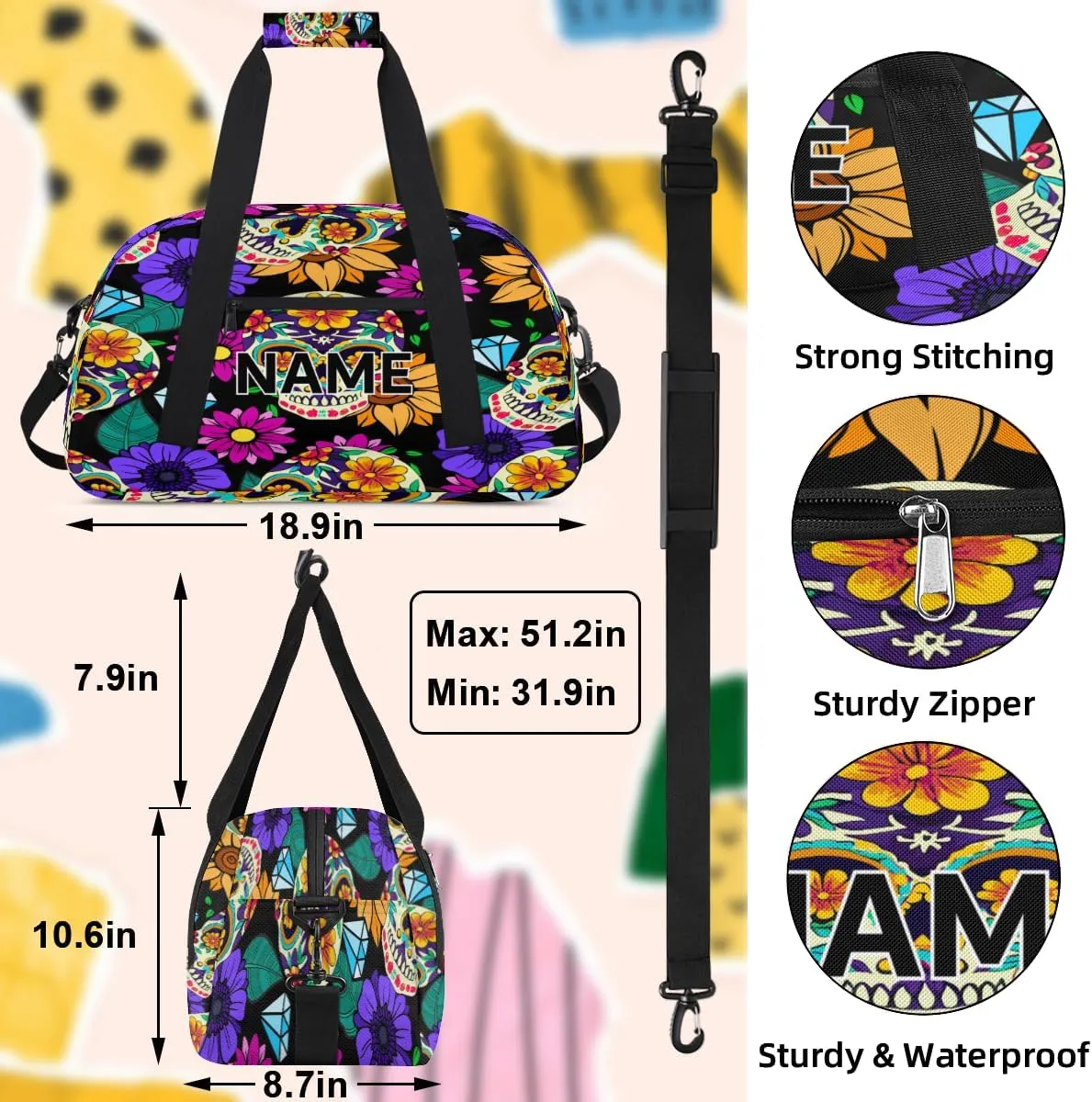 Custom Gothic Skull Halloween Small Gym Bag 18 inch for Women Men Personalized Flower Skull Carry On Overnight Weekender Bag for Travel Work Dance Sport