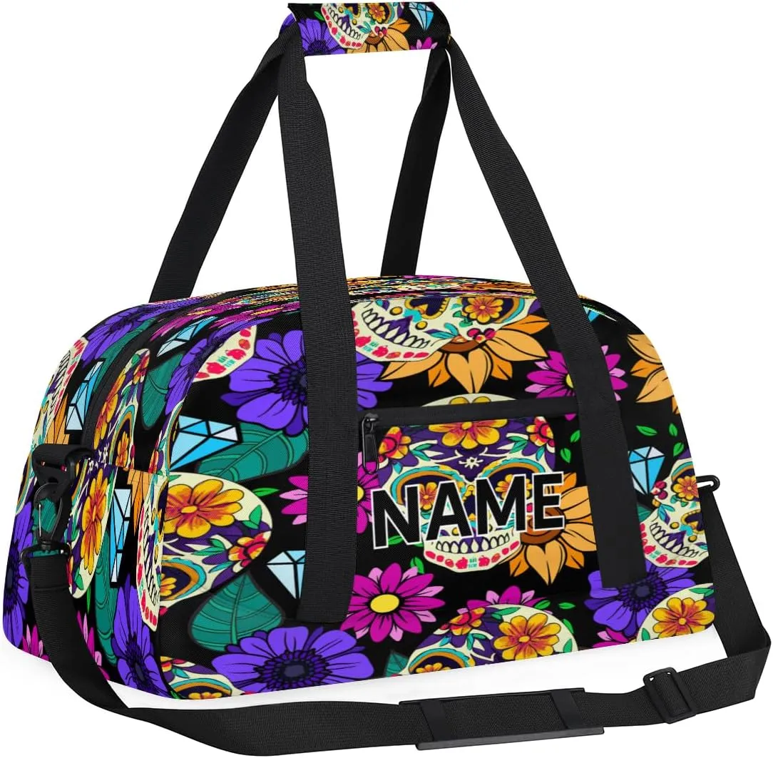 Custom Gothic Skull Halloween Small Gym Bag 18 inch for Women Men Personalized Flower Skull Carry On Overnight Weekender Bag for Travel Work Dance Sport