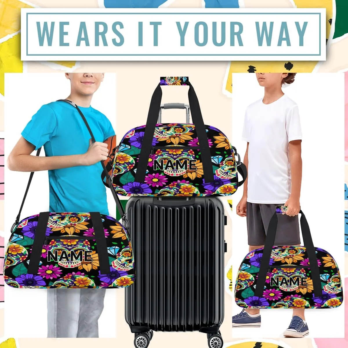 Custom Gothic Skull Halloween Small Gym Bag 18 inch for Women Men Personalized Flower Skull Carry On Overnight Weekender Bag for Travel Work Dance Sport