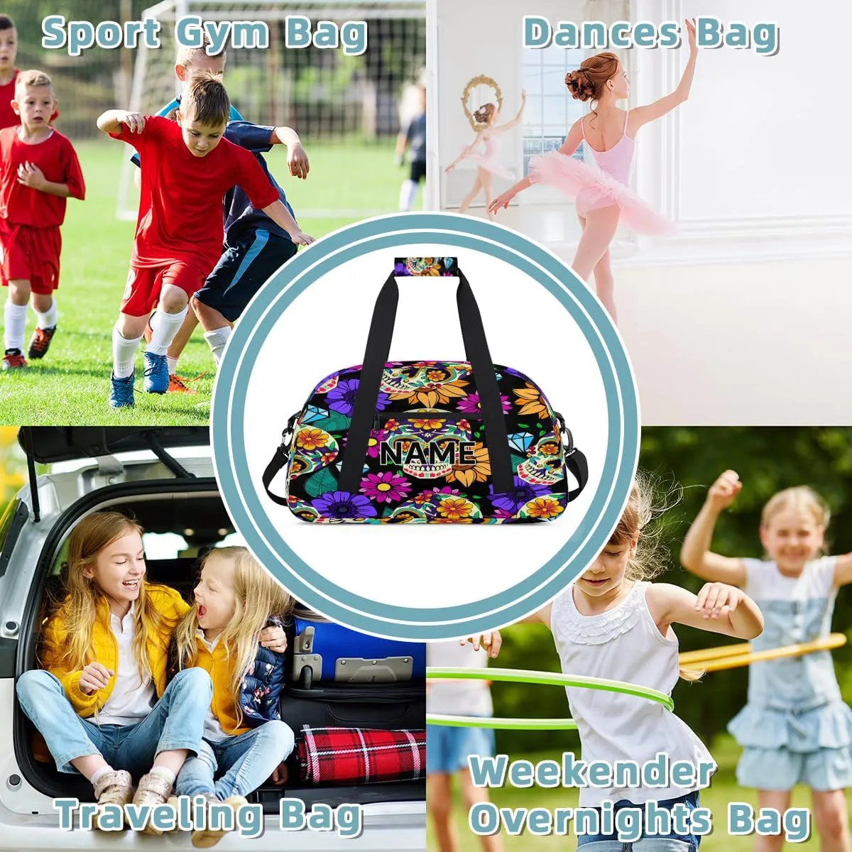 Custom Gothic Skull Halloween Small Gym Bag 18 inch for Women Men Personalized Flower Skull Carry On Overnight Weekender Bag for Travel Work Dance Sport