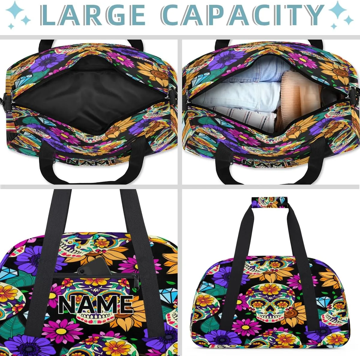 Custom Gothic Skull Halloween Small Gym Bag 18 inch for Women Men Personalized Flower Skull Carry On Overnight Weekender Bag for Travel Work Dance Sport