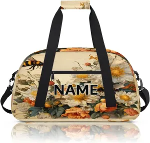 Custom Honeybee Small Gym Bag 18 inch for Women Men Personalized Vintage Flower Garden Carry On Overnight Weekender Bag for Travel Work Dance Sport