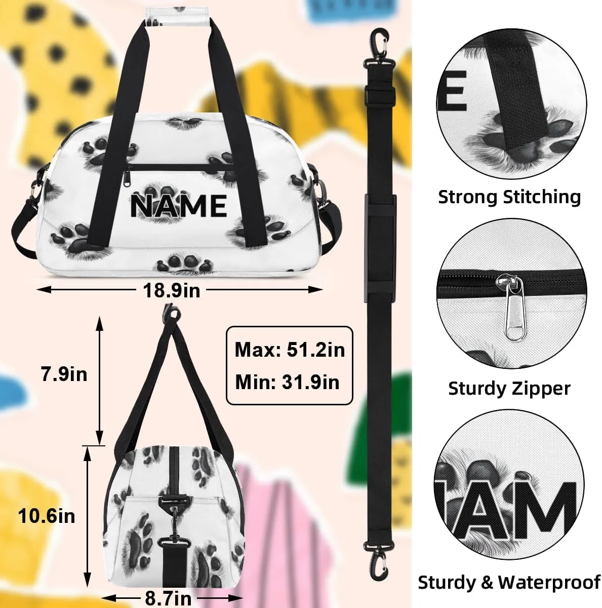 Custom Paws Small Gym Bag 18 inch for Women Men Personalized Dog Paw Cute Print Puppy Footprint Carry On Overnight Weekender Bag for Travel Work Dance Sport