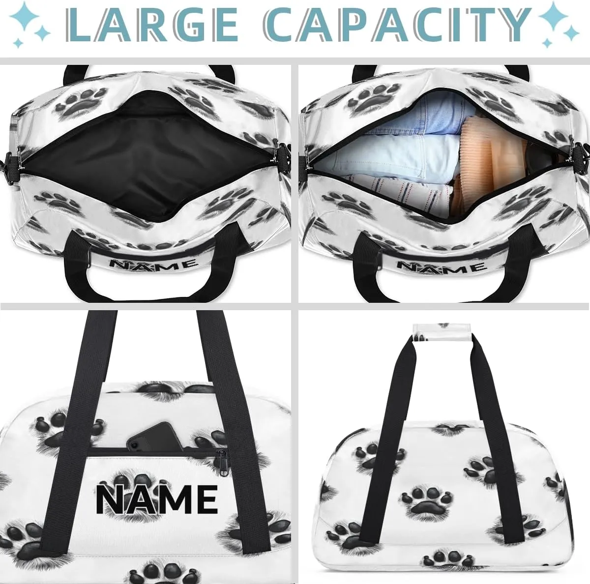 Custom Paws Small Gym Bag 18 inch for Women Men Personalized Dog Paw Cute Print Puppy Footprint Carry On Overnight Weekender Bag for Travel Work Dance Sport