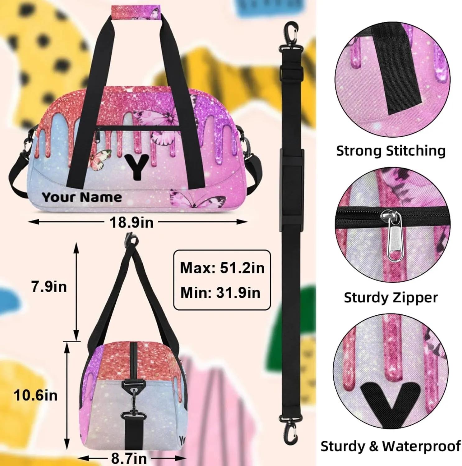 Custom Travel Gym Duffel Bag for Women Men Personalized Weekender Bag Carry On Tote Overnight Bag for Dance Sport Blue Coral Pink