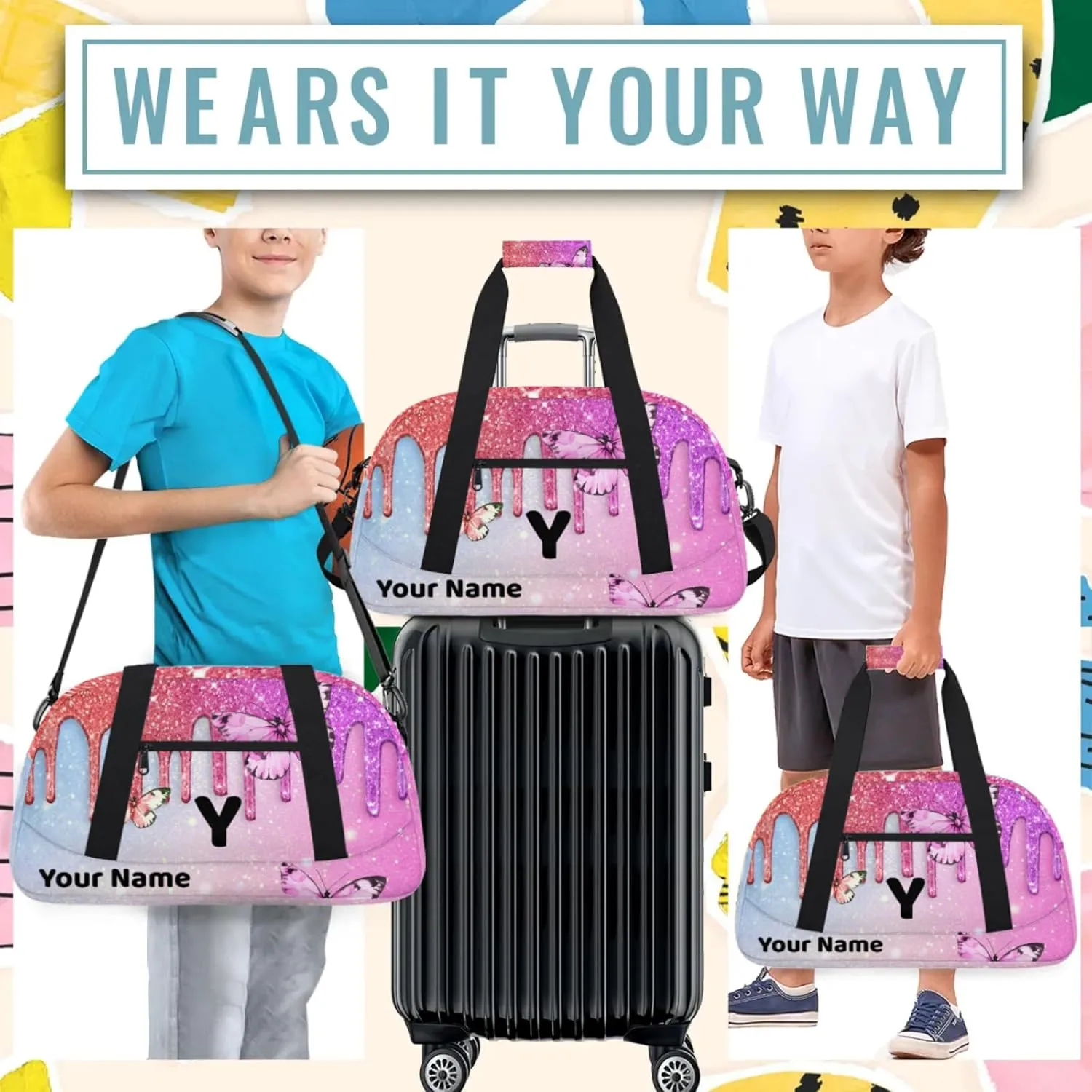 Custom Travel Gym Duffel Bag for Women Men Personalized Weekender Bag Carry On Tote Overnight Bag for Dance Sport Blue Coral Pink
