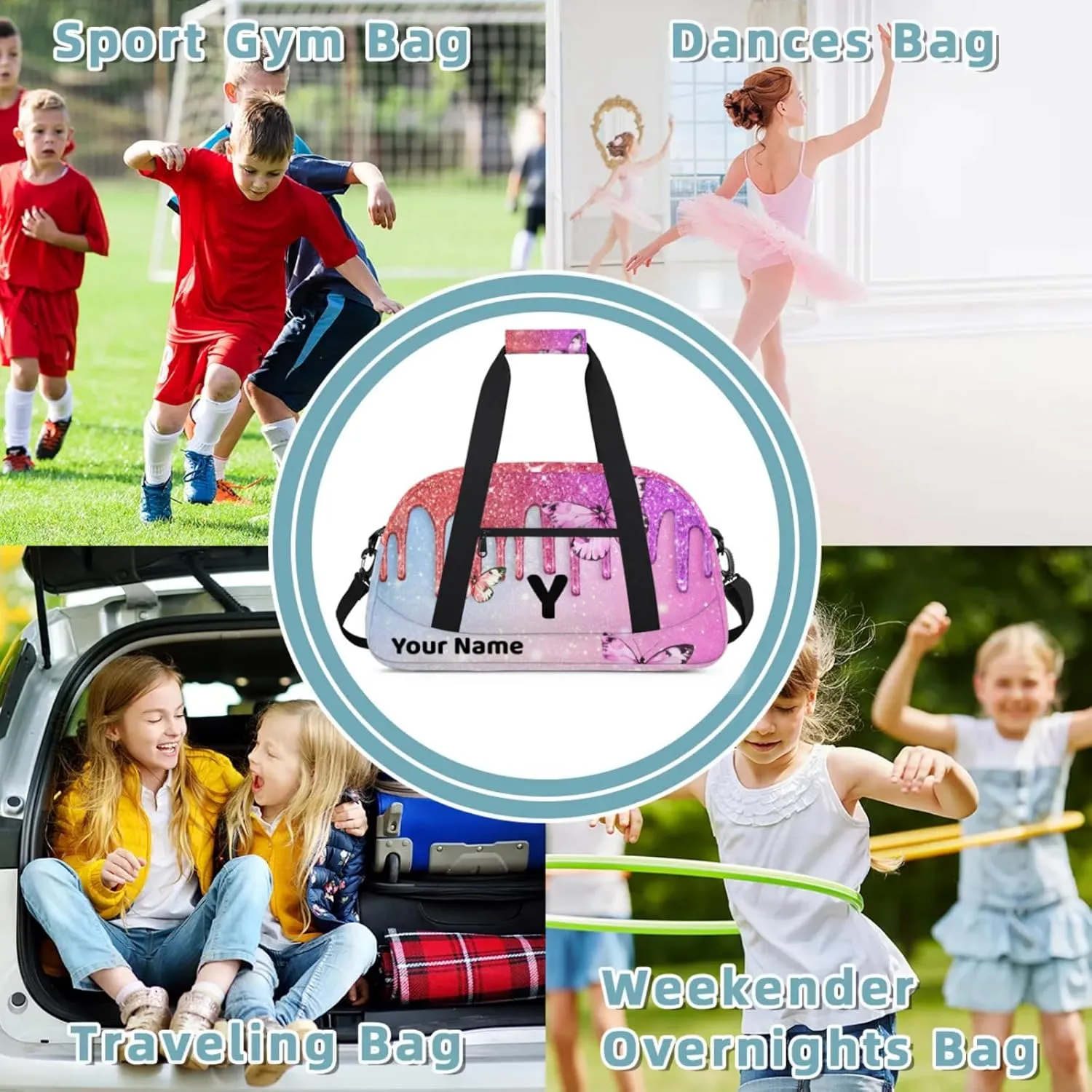 Custom Travel Gym Duffel Bag for Women Men Personalized Weekender Bag Carry On Tote Overnight Bag for Dance Sport Blue Coral Pink